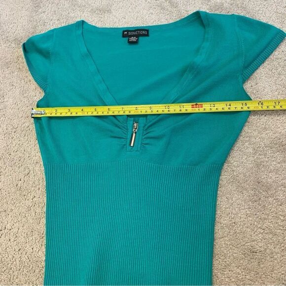Teal green short sleeve V-neck zip front knit sweater Sz S - Picture 7 of 8